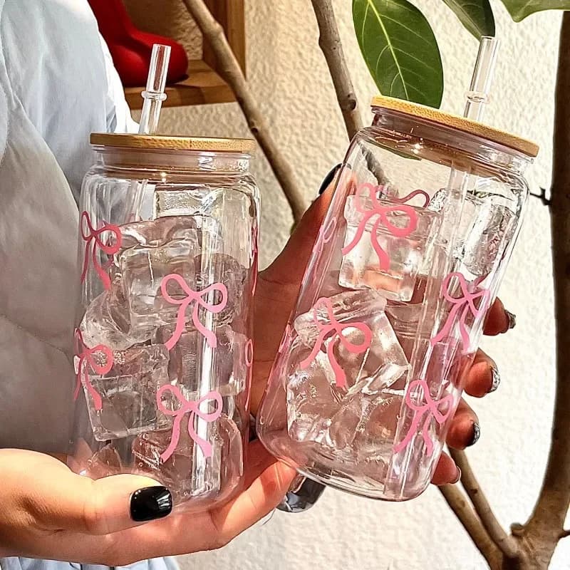500ml Pink Bow Print Water Bottle Mason Jar Shaped Water Bottle With Lids Plastic Cup Pink Bowknot Tumbler Cup Coffee Juice Cup - image 3