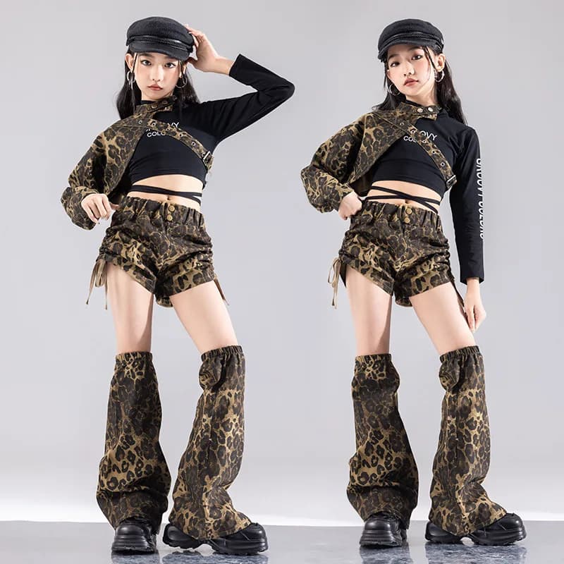 Kid Hip Hop Clothing Leopard Shoulder Sleeve Top Lace up Shorts Leg Warmers Wide Pants for Girl Jazz Dance Wear Costume Clothes - image 4