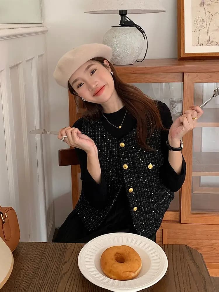 Small Fragrant Black Tweed Vest Spring Autumn Sleeveless Jacket Crop Top Korean Fashion Single-breasted High-end Coat Waistcoat - image 5