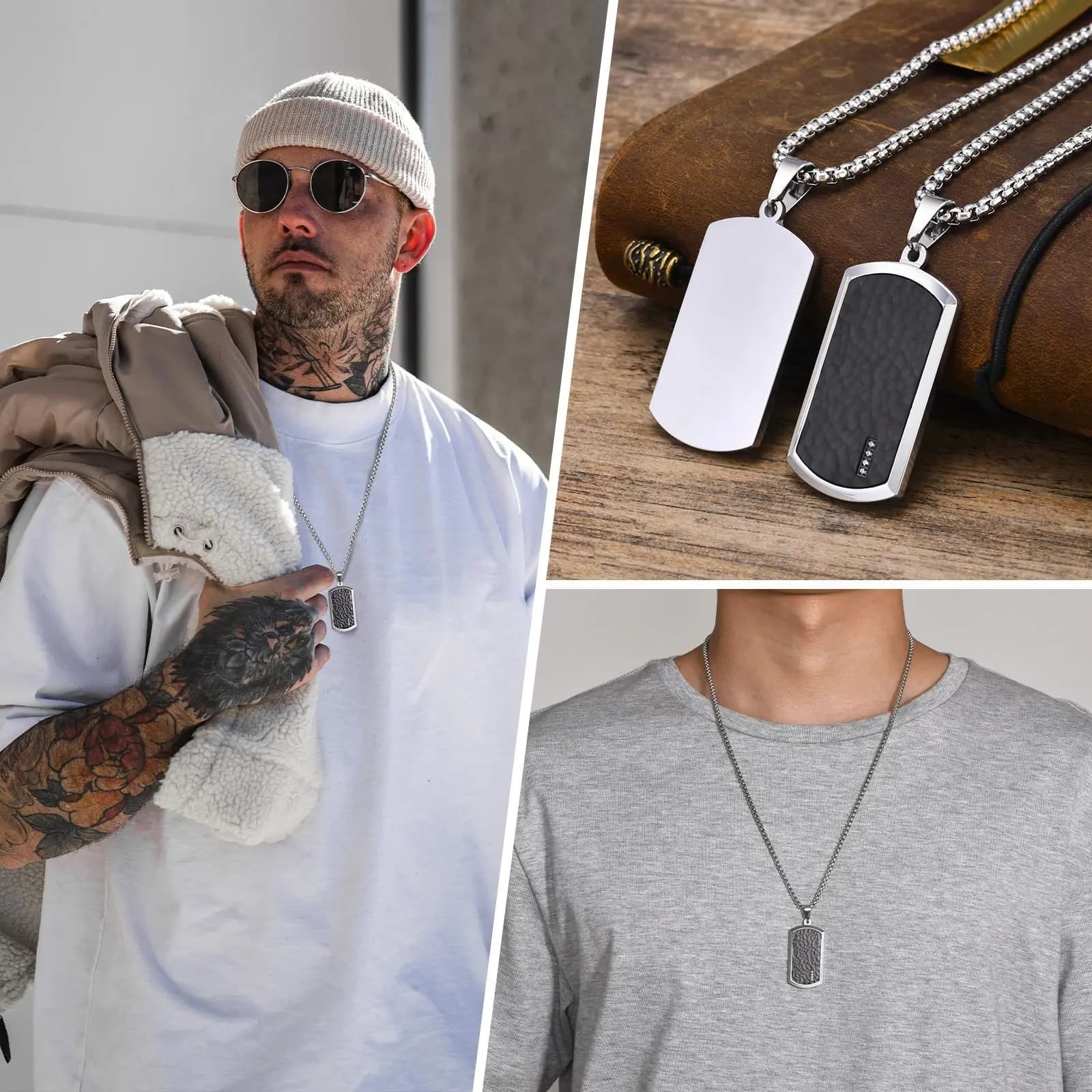 Vnox Stylish Hammered Dog Tag Necklace for Men, Stainless Steel Square Collar Birthday Christmas Gifts for Father Dad Husband - image 4