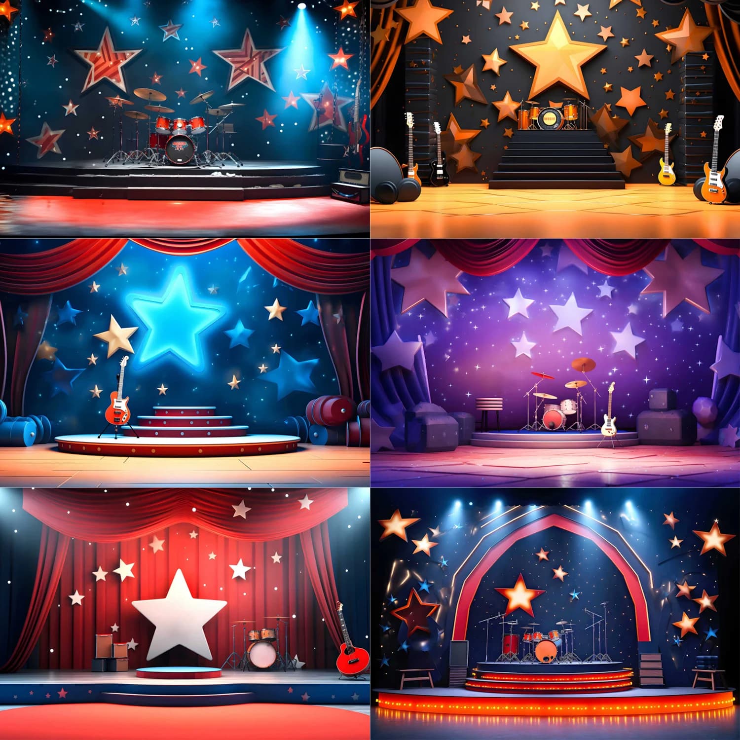 Guitar Drum Stand Theme Kids Performance Lighting Stage Background Boys and Girls School Talent Show Speech Music History Decor