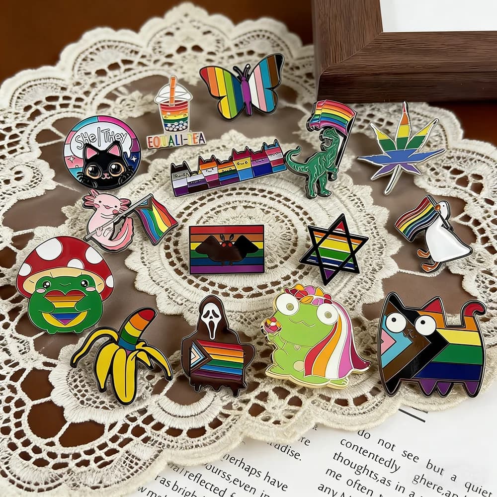 LGBTQ+ Pride Rainbow Flag Cartoon Enamel Pin Fun Animal Cat Dinosaur Frog Brooch Backpack Hat Accessory Creative Gift
