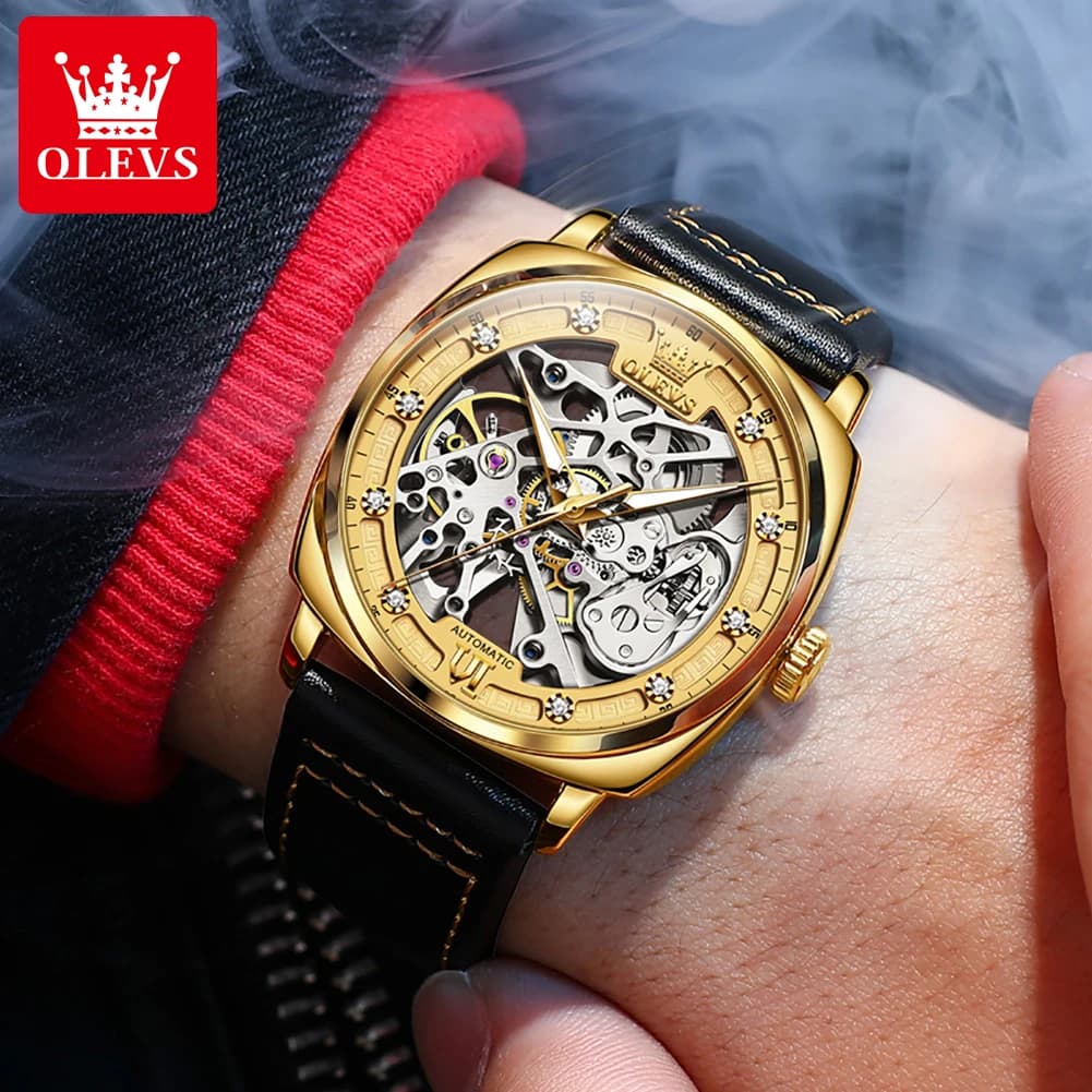 OLEVS Men's Watches Top Brand Hollow Out Automatic Mechanical Wristwatch Waterproof Luminous Leather Strap Watch for Man Fashion - image 6