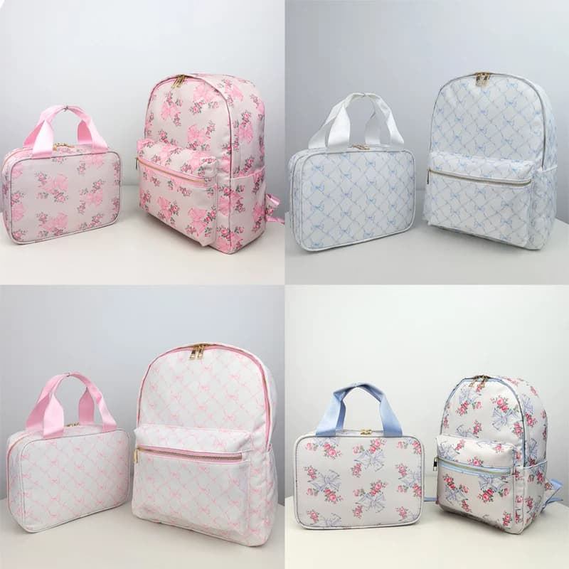2PCS/SET Trendy Flower Bow Printing School Bag Lunch Bag Large Capacity Nylon Backpack Cute Students Insulation Ice Bento Box
