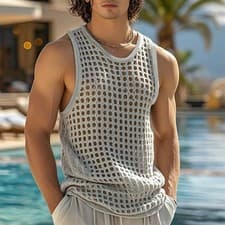 American Style Men Tops Popular Vacation Hollow Out Mesh Vests Sexy Sleeveless - image 3