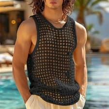 American Style Men Tops Popular Vacation Hollow Out Mesh Vests Sexy Sleeveless - image 6