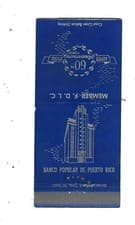 Banco Popular De Puerto Rico.  - San Juan   Matchcover  60th Anniversary 1953