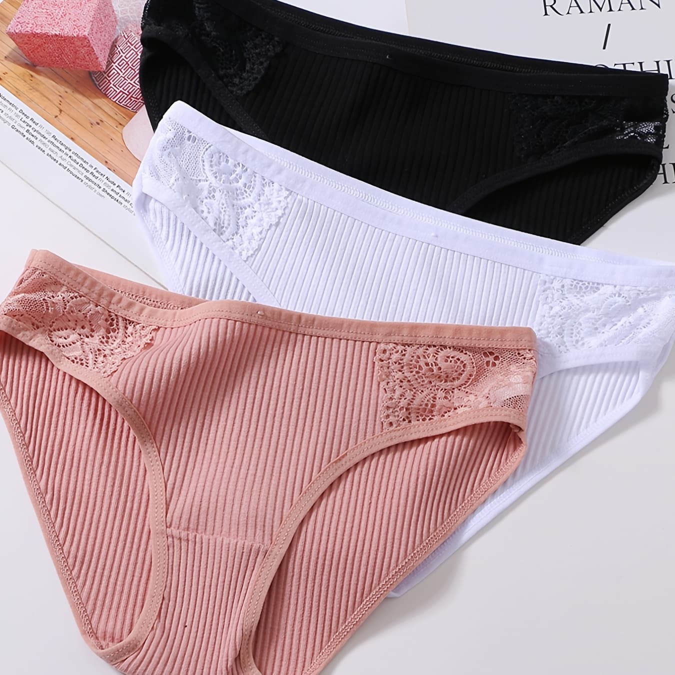 3-Pack Fashionable Breathable Cozy Women's Panties with Contrast Lace Trim Triangle Underwear Set