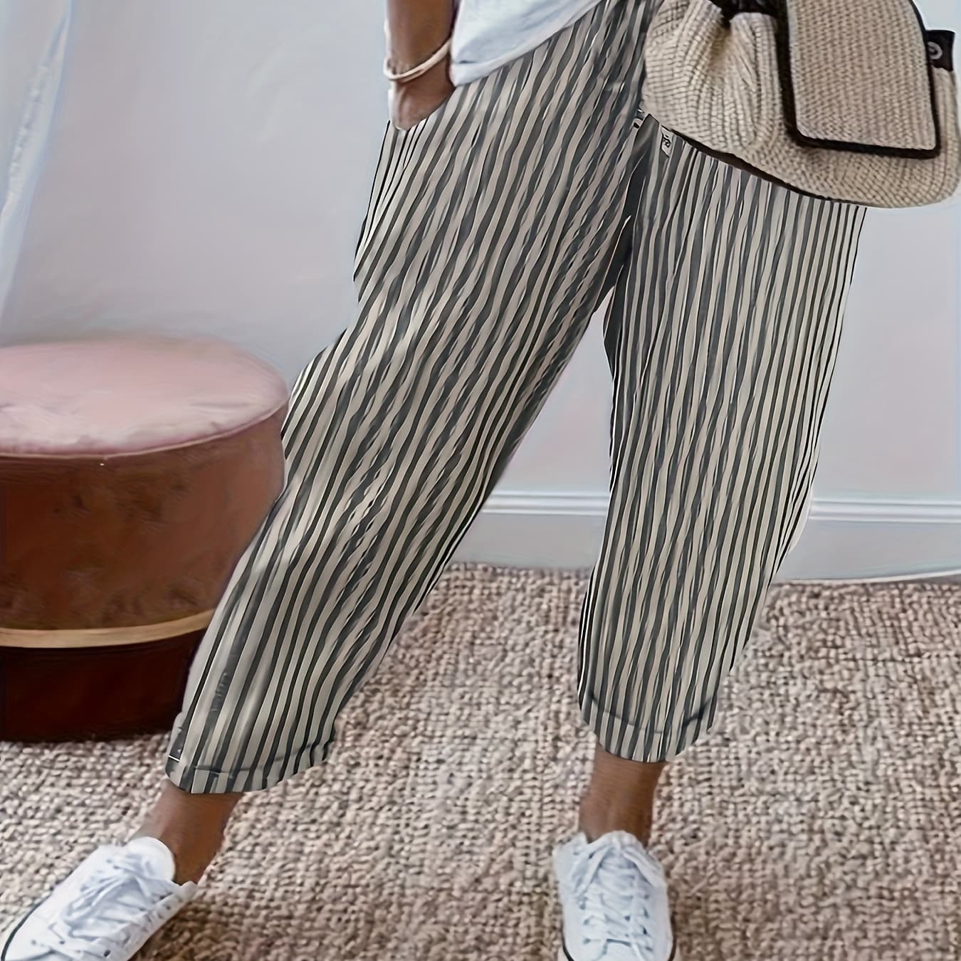 Vacation-Oriented Women'S Trousers, Fashionable Striped Pure, Comfortable And Skin-Friendly, Elastic Drawstring Waist, Cropped Pants
