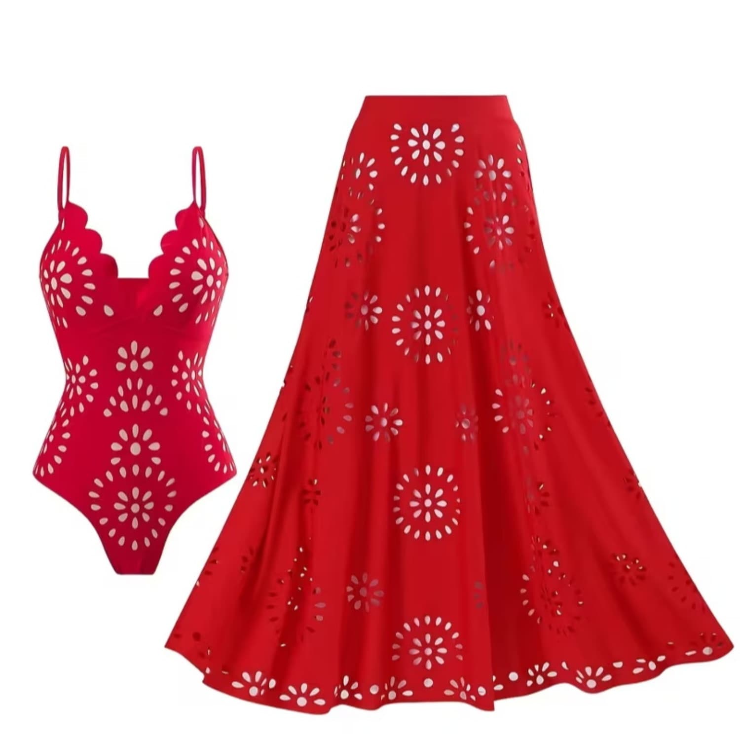 New Women's Time-Flower Print One-Piece Beach Dress & Swimsuit Set, Vacation Swimming & Leisure Wear