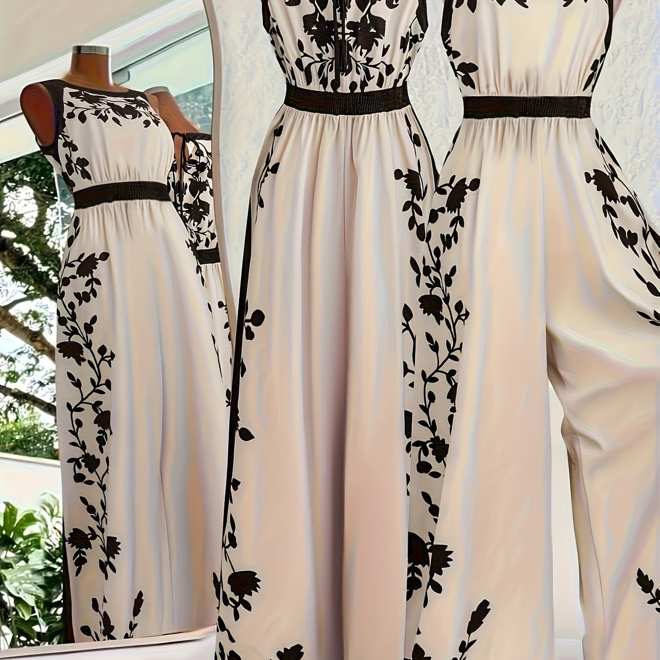 New Women'S Casual Beachwear for Outings, Featuring Sleeveless Design, Waist-Cinching, And Wide-Leg Printed Jumpsuits