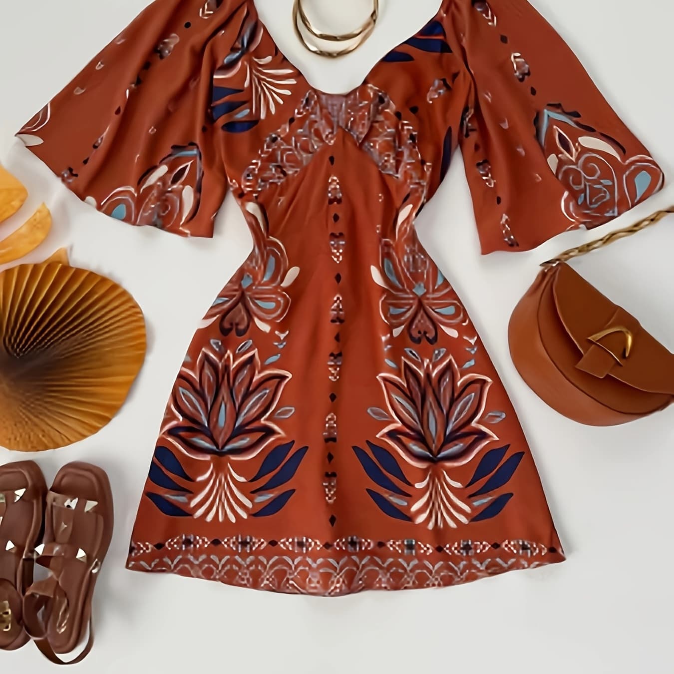 Women's Vintage Boho Maxi Dress - V-Neck Bell Sleeve Botanical Print Maxi Dress for Wedding Guest, Boho Festival Outfit, Spring Summer Wedding & Vacation Dress, Hand Washable Non-Stretch Bohemian Gown