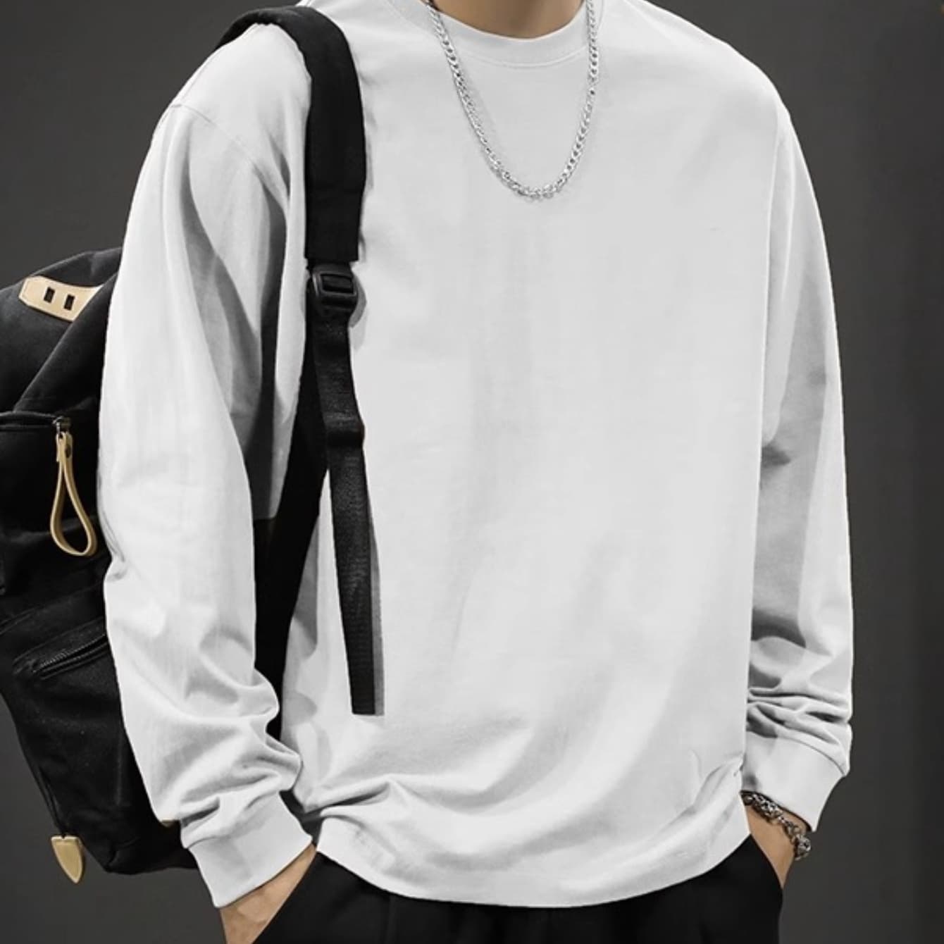 Qianjin Niu & Xingfan Spring 2024 New Men's Crew Neck Long Sleeve T-Shirt, Loose Fit Plus Size Streetwear Tee, Spring/Autumn Sweatshirt Base Layer for Men