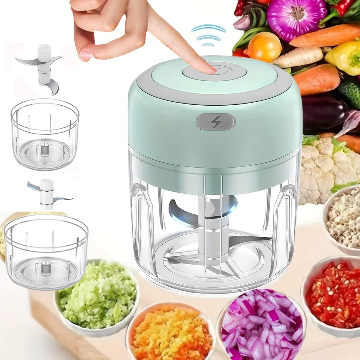 FLZH Electric Food Chopper(250ml), 3 Blades for Chopping, Grinding, Mincing, Whisking, 30W, Mincing App ance, Grinding Dewce, Compact