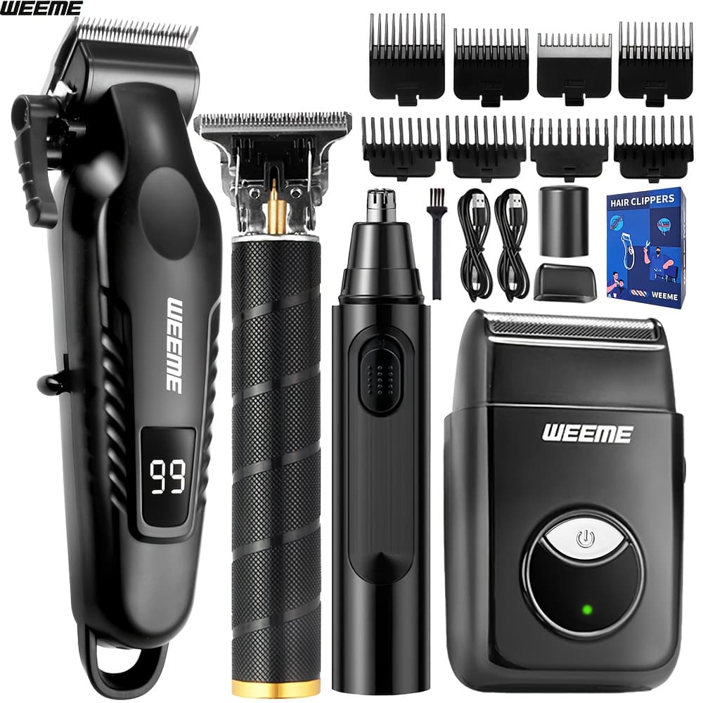 4pcs WEEME Men's Grooming Kit with USB- Fast-Charging Clipper, T-Trimmer, Razor & Nose Hair Trimmer - All-in-One Hair & Shaving System for
