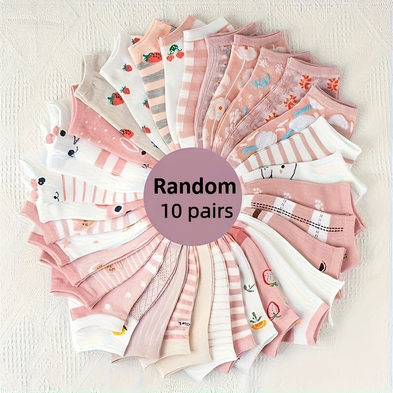 10 Pairs, Women's Short Socks, Simple Fashion Floral, Socks for Spring Summer Autumn, Women's Low-Cut Socks, Soft Comfortable Breathable, Random Styles