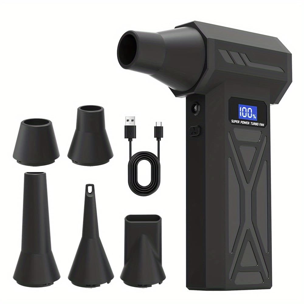 Powerful Turbo Fan with Smart Display – 130000 RPM, 4 Speed Levels, Includes 5 Nozzles & High-Capacity Battery; Ideal Portable Cleaning Tool for Computers, Keyboards, Cars, and Outdoor Spaces; Perfect Holiday Gift