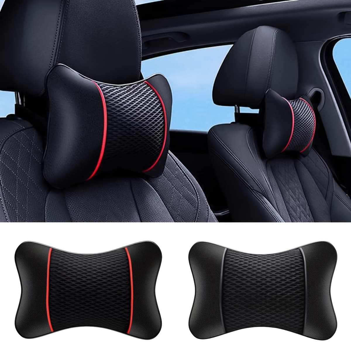 Car Headrest PU Leather Mesh Breathable Neck Pillow, Soft Comfortable Seat Rest Cushion, Auto Accessories Decorations