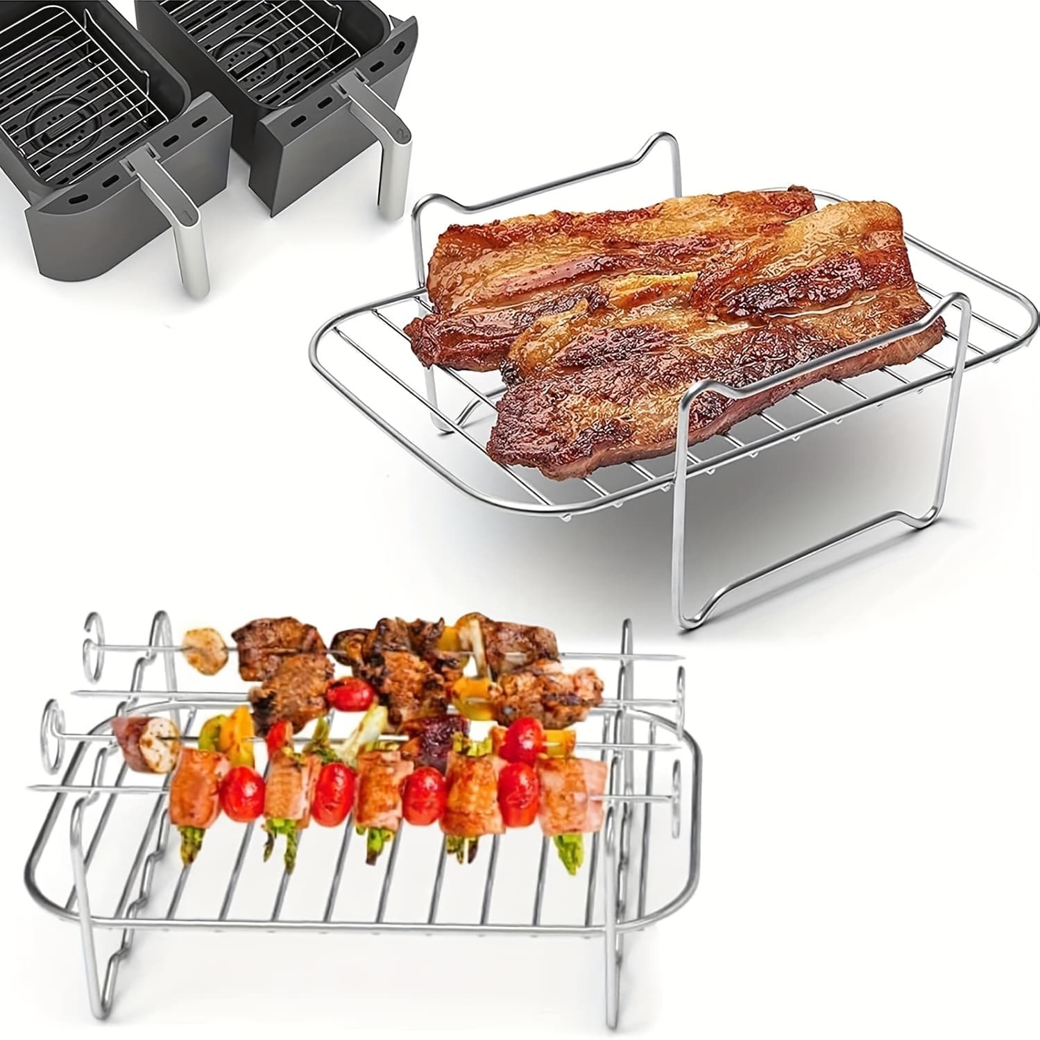 Stainless Steel Grill with 4 Skewers, Air Fryer Accessory, Additional Tool for Indoor and Outdoor BBQ Cooking, Suitable for Garage or