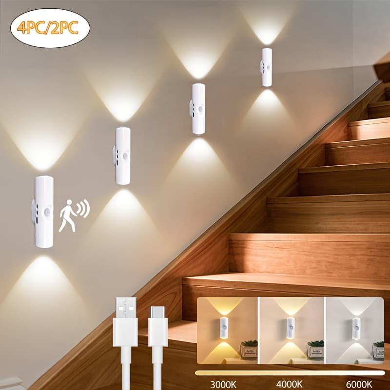 4pcs/2pcs LED Motion Sensor Step Light - Stylish 3-Color Lighting, Magnetic Design, Magnetic Step Lights for Entrance, Bedside, Desk