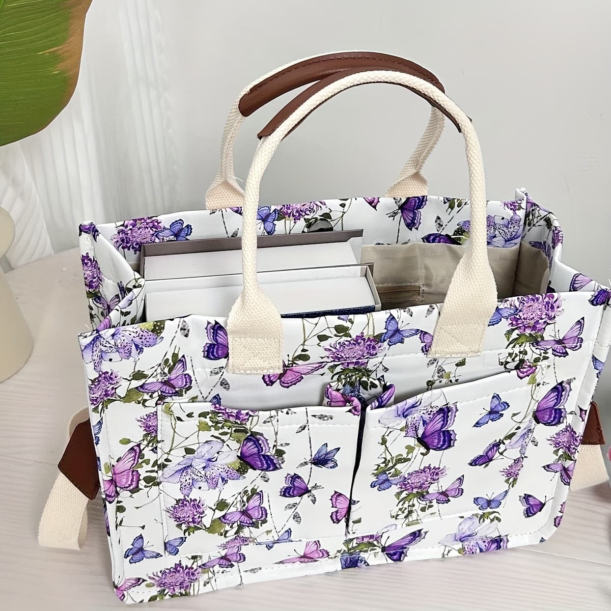 Butterfly Tote Bag for Women Patched Purse Cute Shoulder Bag Multi-Pocket Satchel Handbag for Work Books Travel, Bag Solely