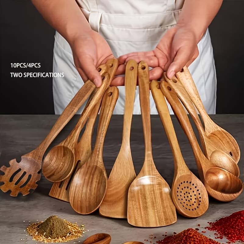 10/4-Piece Wooden Kitchen Utensil Set, Natural Wooden Spoons – Premium Kitchen Tools, Ideal for Stirring, Mixing & Serving – Durable