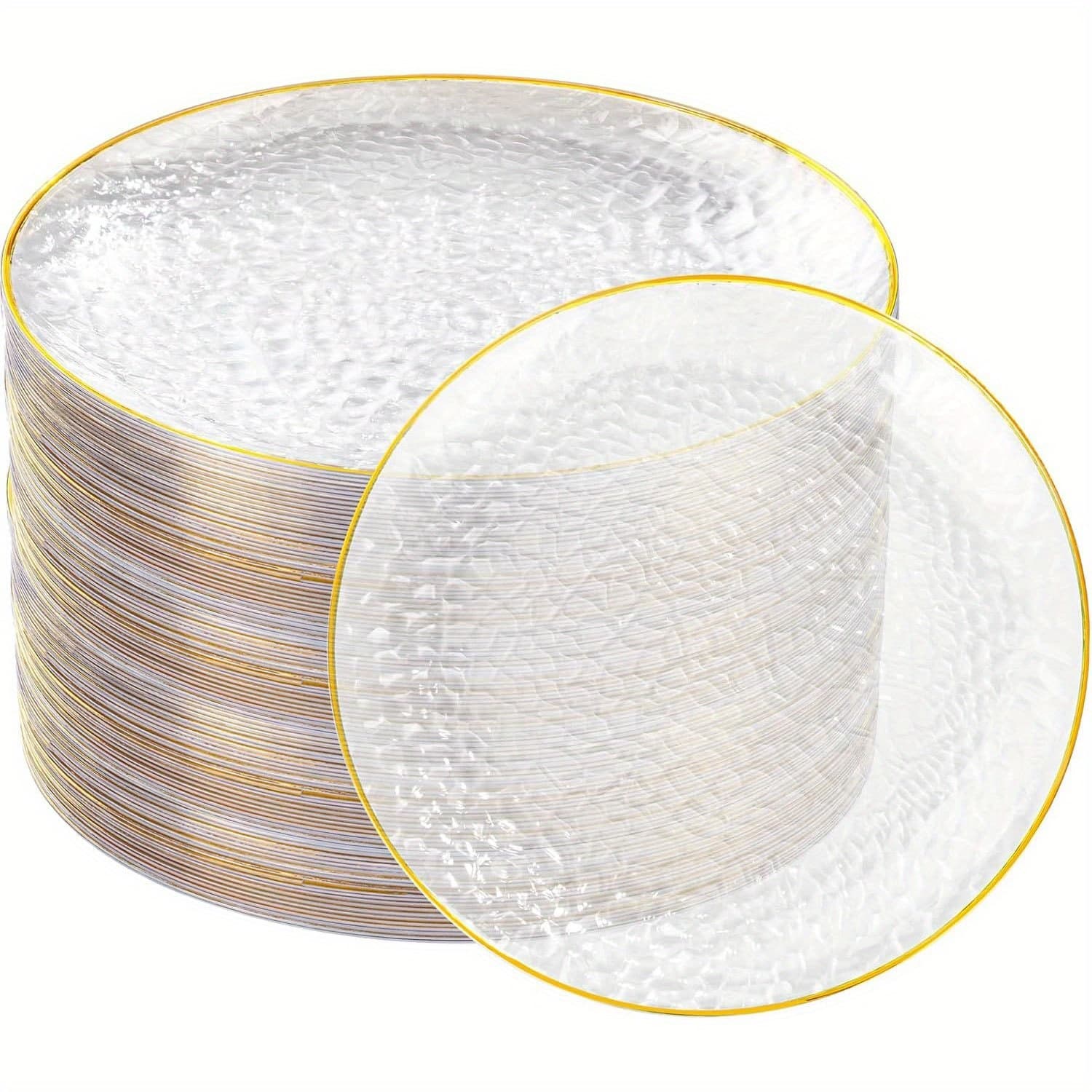 10/20/30pcs Golden Plastic Plates - 7.5-Inch Clear Dinner Plates - Hammered Design - Exquisite Transparent Golden Disposable Plates