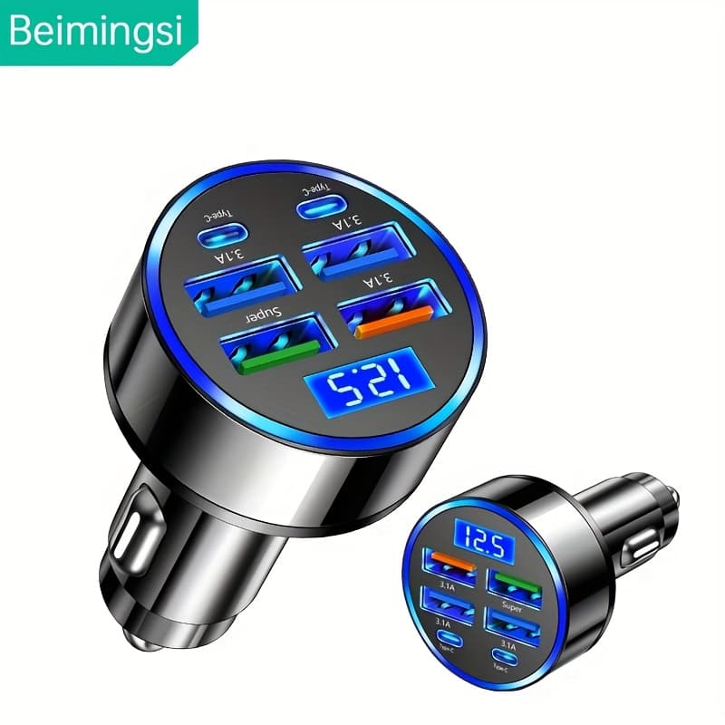 1 with 6 ultra-fast mobile phone charger, intelligent voltage detection digital display, suitable for USB and Type-C, car charger adapter, car charger