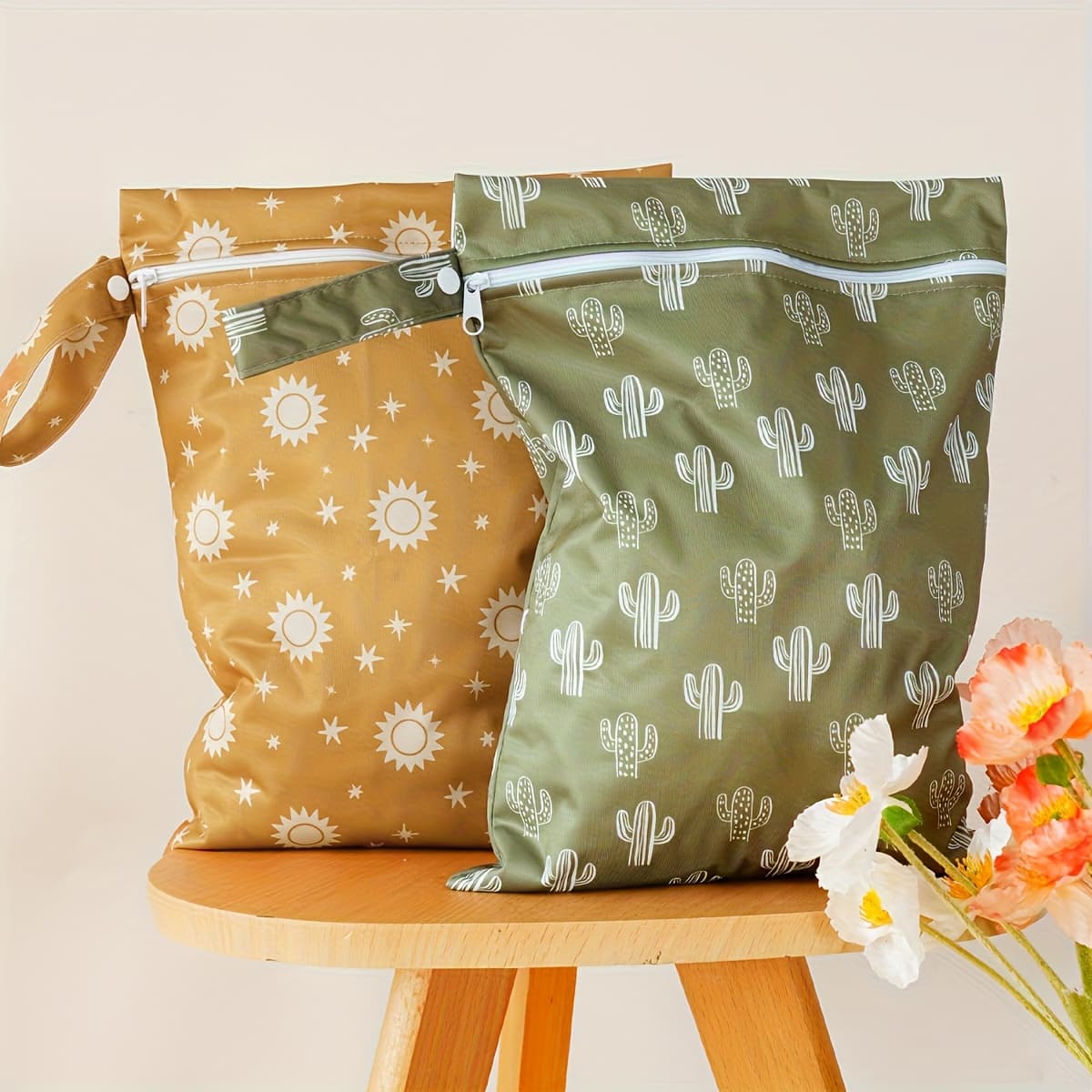 2pcs Reusable Wet Bags, 25.4x35.56 cm, Polyester Nappy Changing Bags with Sun & Cactus Patterns, Ideal for Swimming, Camping, Travel, Gym, Beach - Wet Dry Laundry Organizer Pouches, Travel Wet Bags|Decorative Wet Bags|Sturdy Handle Bags