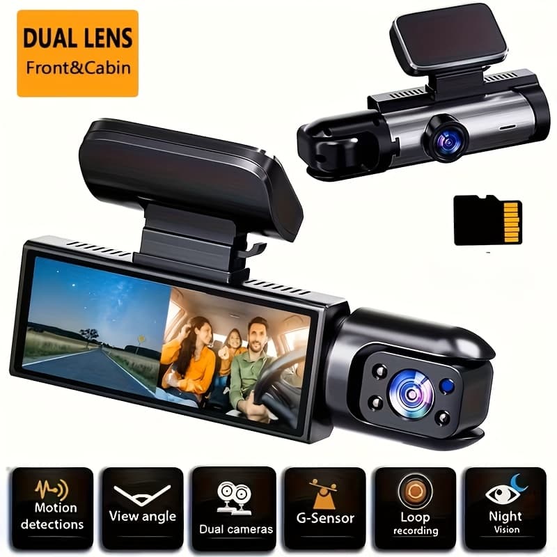 Dual Camera Car Dash Cam 1080P Front & Interior Dash Cams with 8.03Cm IPS Screen, Night Vision, G-Sensor, Motion Detection, Loop Recording, Parking Monitor, Adhesive Mount, 12V Car Plug Powered, Vehicle Security Monitor, Modern Vehicle Accessory