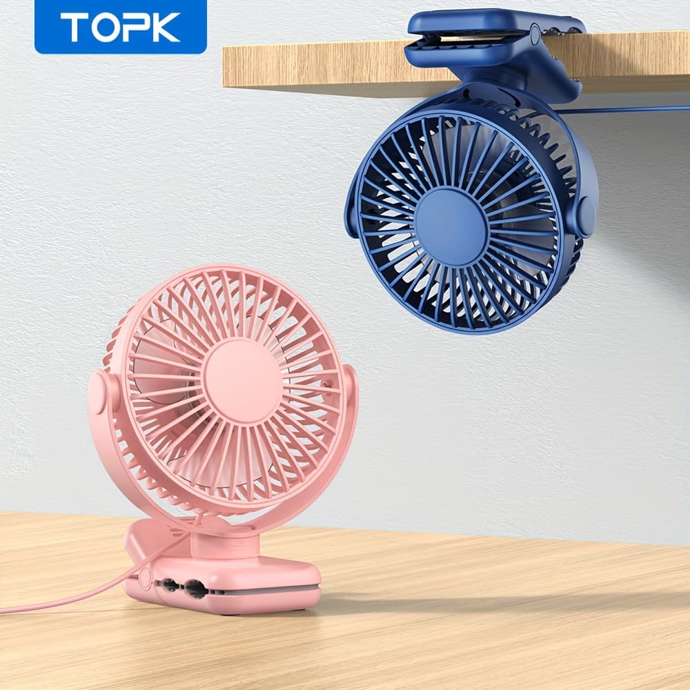 TOPK USB Clip Desk Fan, Brushless Motor Whisper-Quiet Powerful Airflow Strong Clamp for Secure Attachment, Stylish Design Portable Cooling
