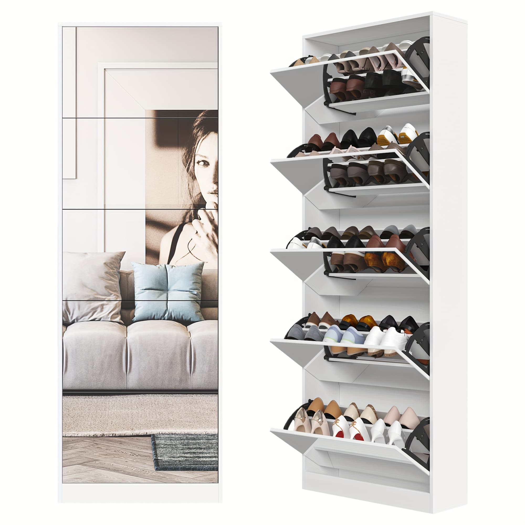 Shoe Storage Cabinet with 5 Flip Mirrored Drawers, Double Rack Shoe Storage Cabinet, Slim Shoe Organizer Cabinet for Entryway, Living Room And Corridor Shoe Cabinets, White