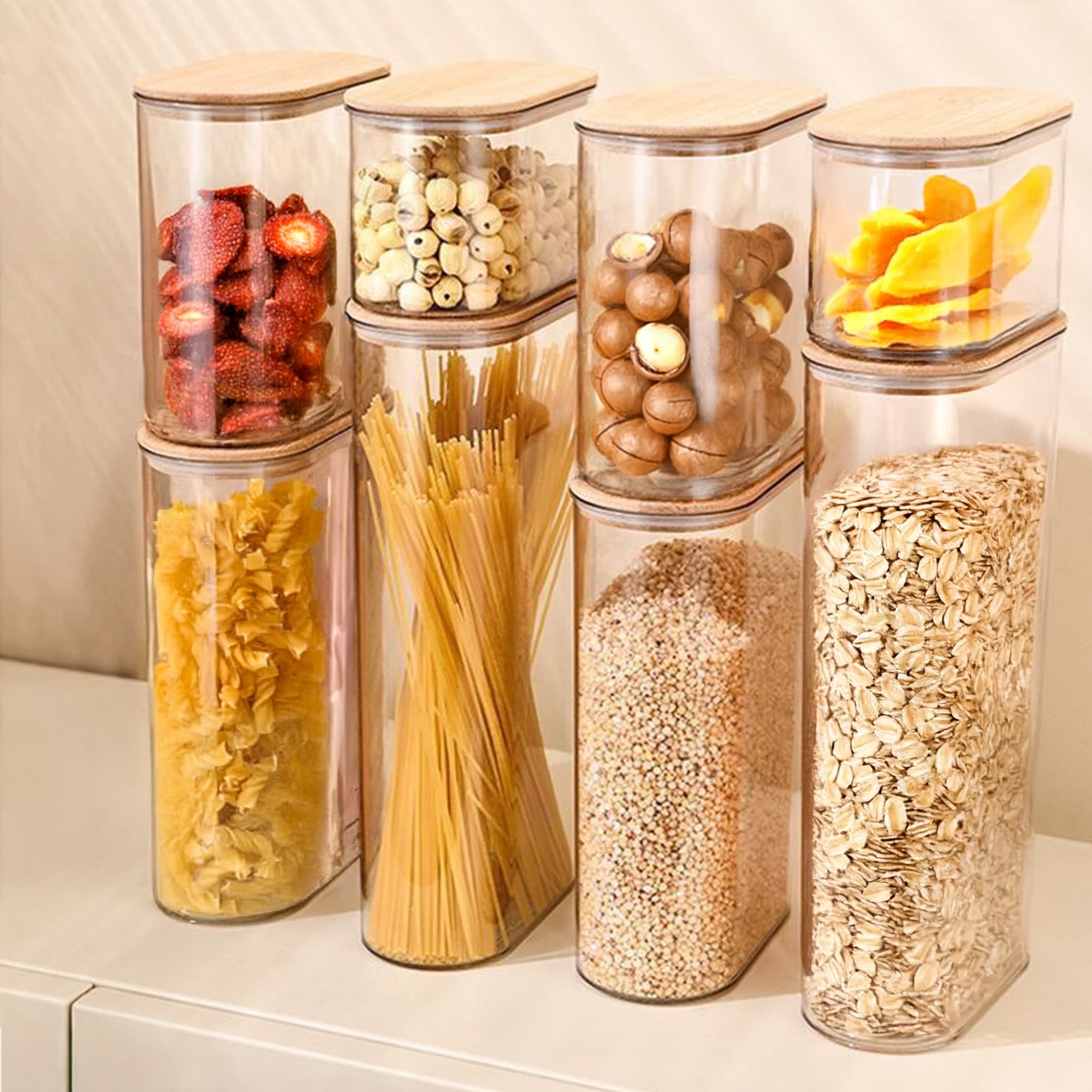 7pcs Plastic Food Box with Wooden Lid, Food Storage Box, Food Storage Container with Lid, Glass Food Storage Container with Lid, for Grain, Nuts, Snack, Organization And Storage, Stackable, for Kitchen, Storage Organization, Christmas Gift