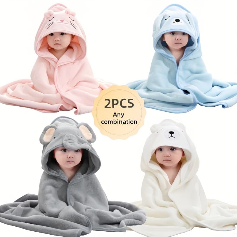 2pcs Super Absorbent Baby Bath Towels | Ultra-Fine Fiber Coral Fleece, Wearable, Embroidered, Comfortable & Durable, Ideal for 0-4 Years Boys and Girls, Perfect for Bath, Beach, Pool, Christmas, Thanksgiving, Day Gifts.