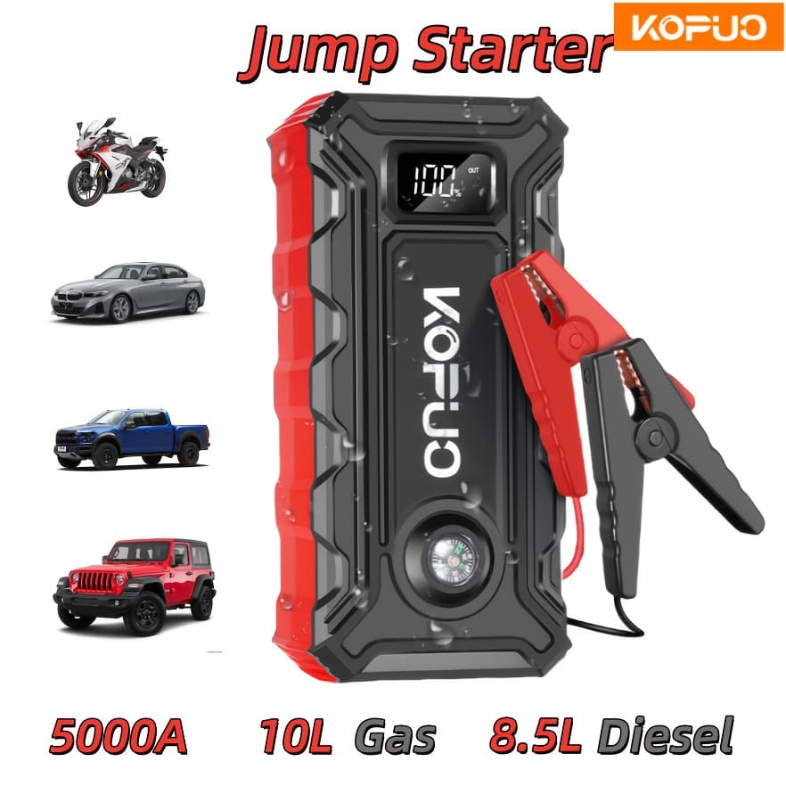 KOPUO Portable Car Jump Starter 5000A Peak for 12V Gas Diesel Up to 10.0L 8.5L Low-Temp Ready 2USB Type-C Emergency Power LCD Compass