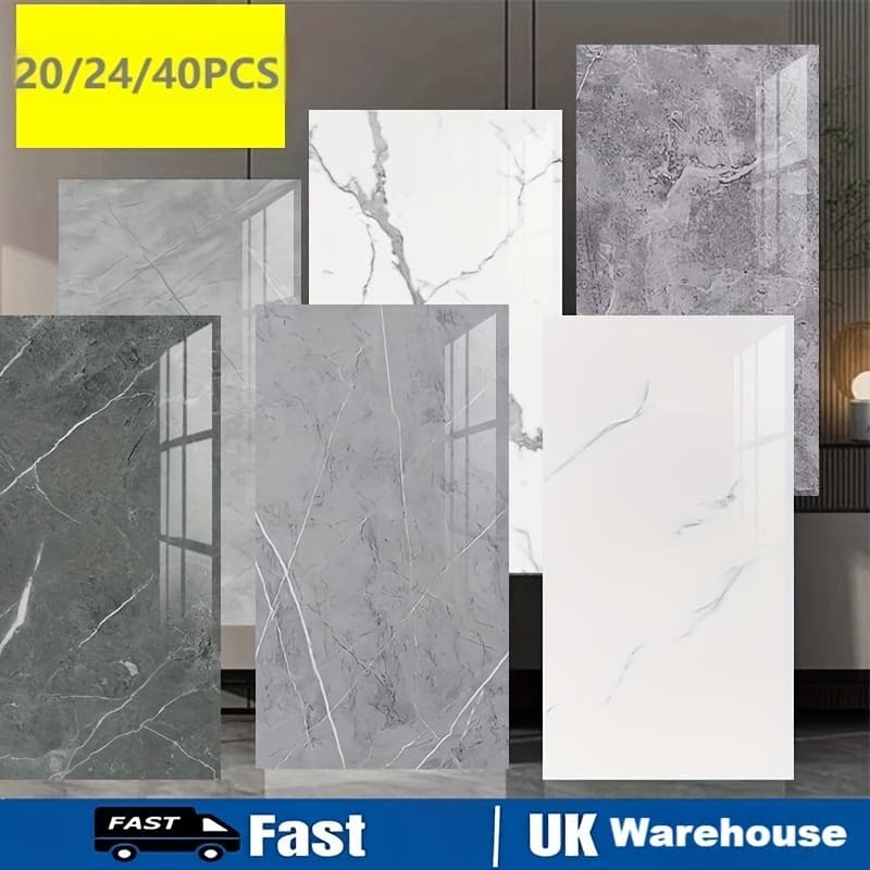 20/24/40pcs Waterproof Self-Adhesive Marble Wall Tile Stickers - Peel & Stick PVC/PE Foam Tiles with Contemporary Straight Puzzle Pattern