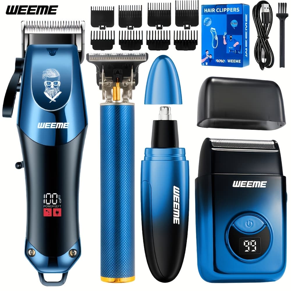 WEEME 4pcs Men's electric hair clipper, nose hair clipper, shaver set - wireless USB charging professional hair clipper set with lithium