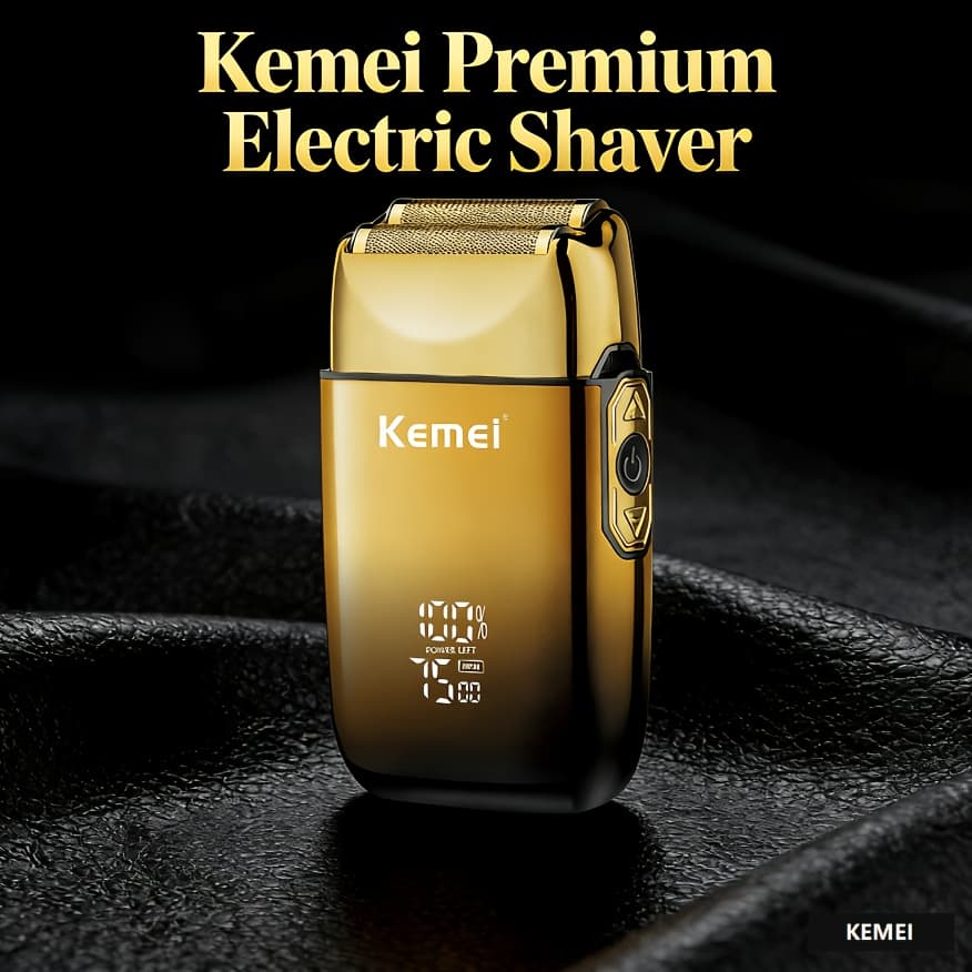 KEMEI Electric Shaver, Reciprocating Double Blade Razor with Luxurious Golden Gradient Body, Effortless Shaving for Smooth Results, Bald
