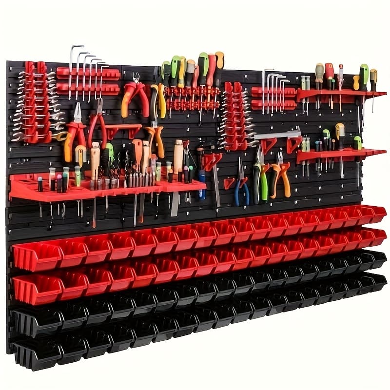Heavy-Duty Wall-Mounted Tool Organizer Shelf - Multi-Compartment Storage Rack with Red & Black Plastic Shelves, Hanging Boards & Hooks for