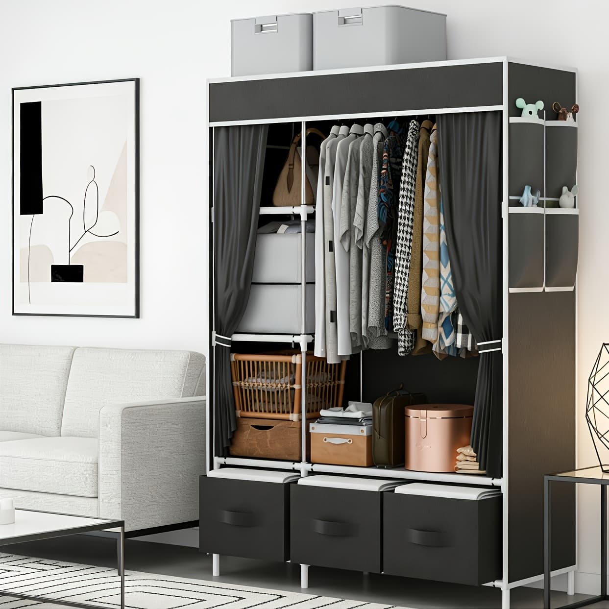Upgraded Pipe Diameter Portable Closet Wardrobe | For Hanging Clothes With 3 Drawers Storage Shelves, Free Standing Clothes Rack, Black