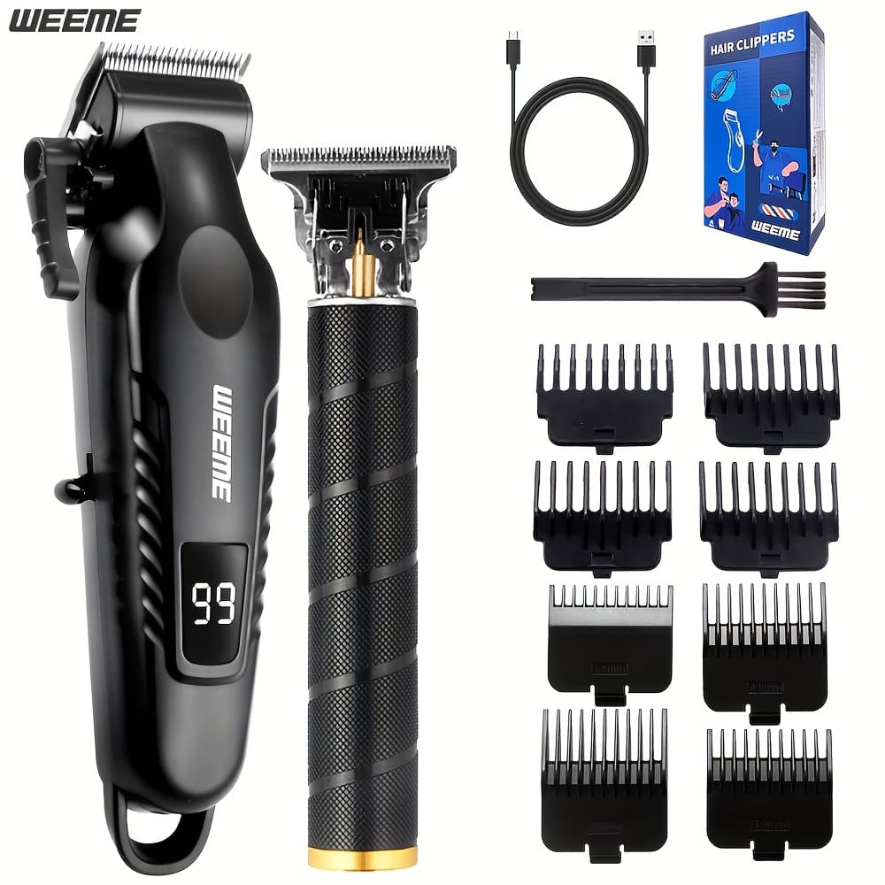 WEEME 2pcs/3pcs Electric Hair Clipper Beard Trimmer And Shaver Kit Professional Alloy Blade USB Rechargeable with LCD Display for Men