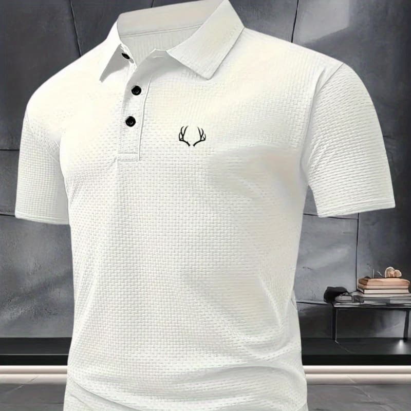 FS564 Men's Business Casual Shirt with Ram Horn Pattern Print, Quick-Dry Wrinkle-Resistant Iron-Free Collared Short Sleeve T-Shirt, Breathable Commuter Versatile Top in Solid Color for Summer