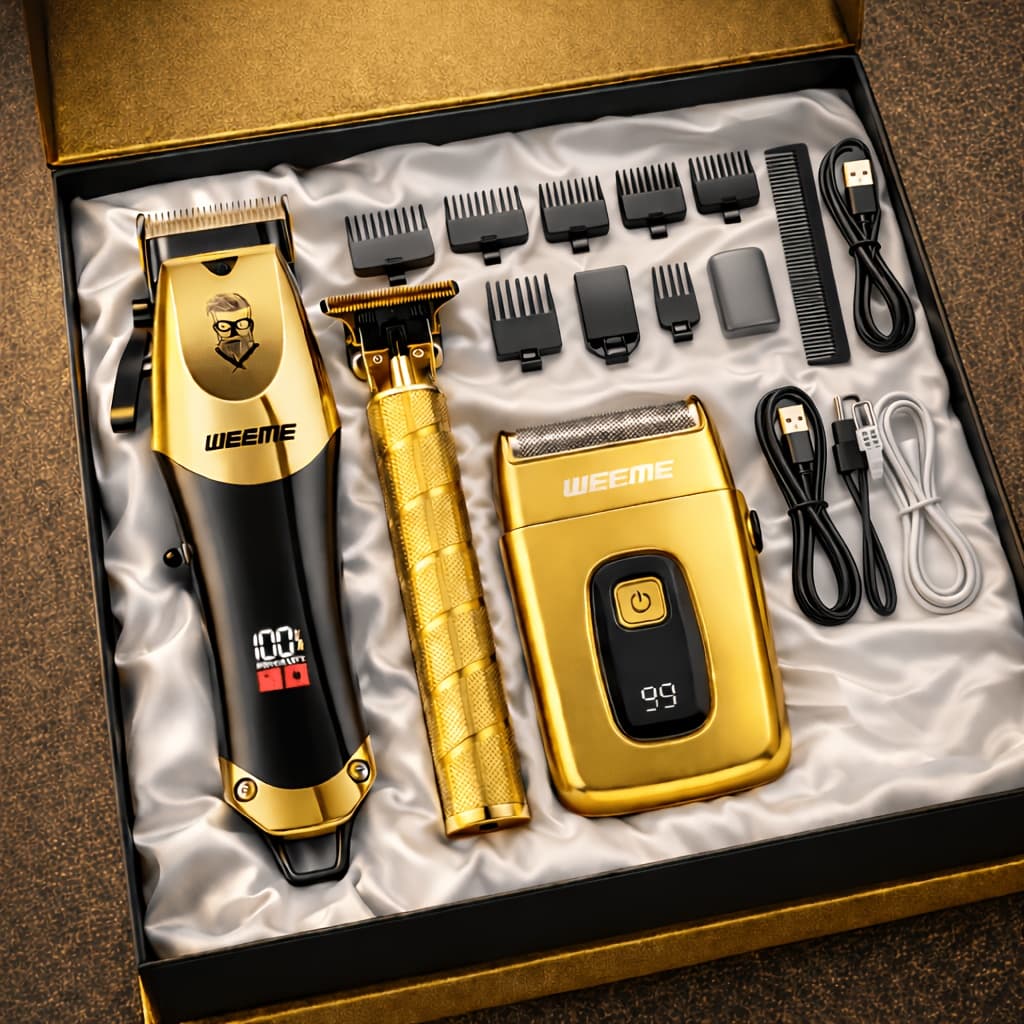 WEEME Golden Blue Black 3pcs 2pcs Men's Hair Clipper Set, USB Rechargeable Hair Clippers, Trimmer And Shaver Kit, with Guide Combs &