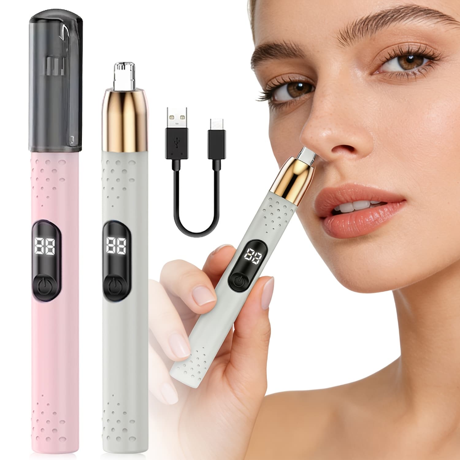 FEIYBA USB- Electric Nose Hair & Facial Trimmer Suitable for Men & Women, Painless Double Blade Epilation Device with LED Display, Portable