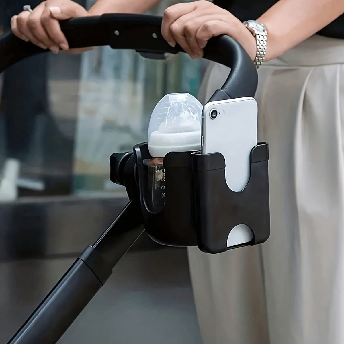 One Stroller Cup Holder and Mobile Phone Holder, Multi-functional Stroller Accessory with Bottle and Mobile Phone Holder, Adjustable Clamp for Children 0-6 Years Old - Durable Material and Easy to Instal