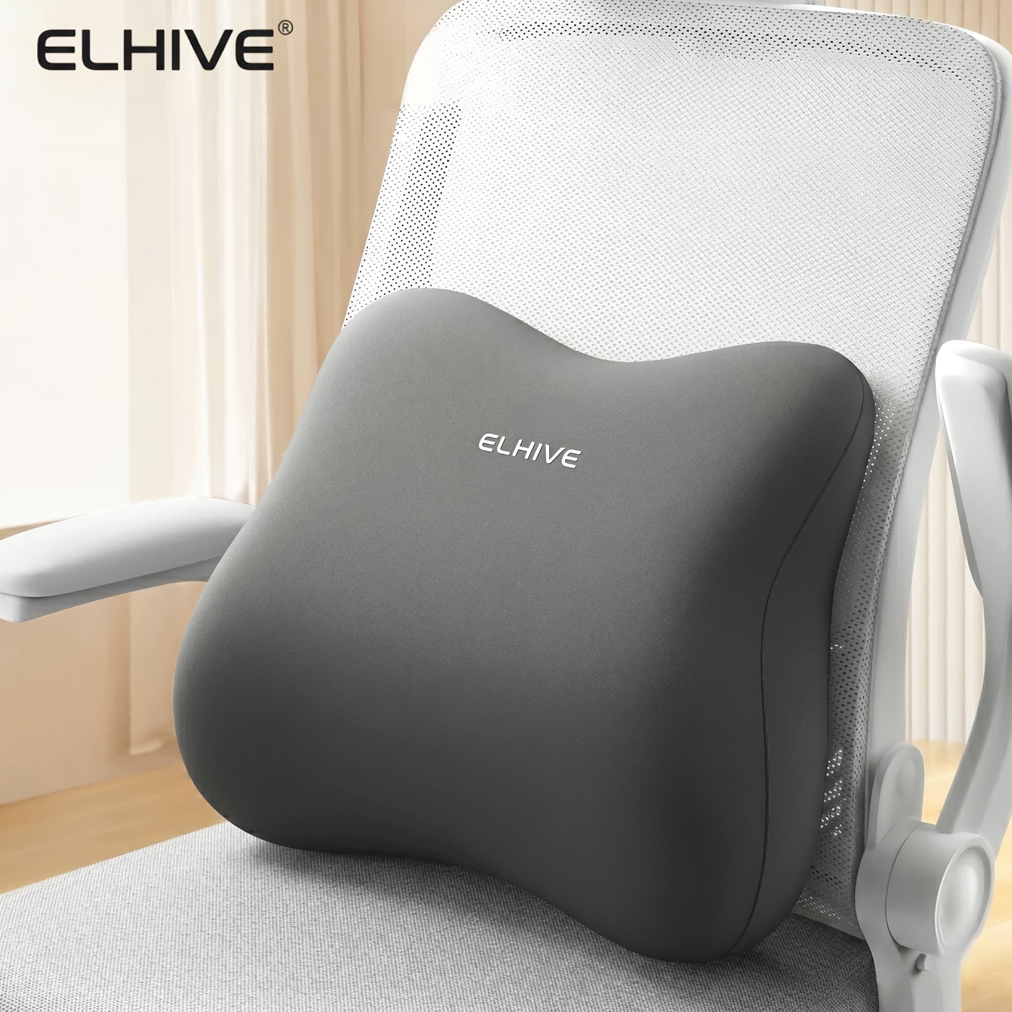 ELHIVE Memory Foam Lumbar Cushion - Ergonomic Back Pillow for Office, Car & Gaming - 4-Zone Contoured Design for Posture & All-Day Comfort