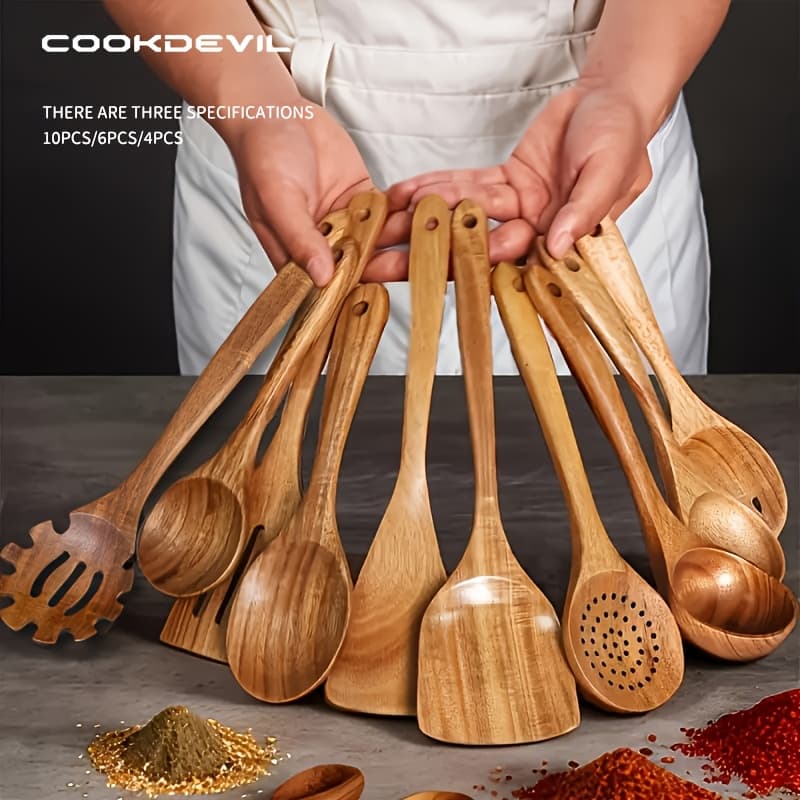 10/6/4pcs Natural Teak Cooking Utensil, Ergonomic Handles, Non-Porous Surface, Elegant Kitchen Gift - Durable and Easy to Clean, Natural