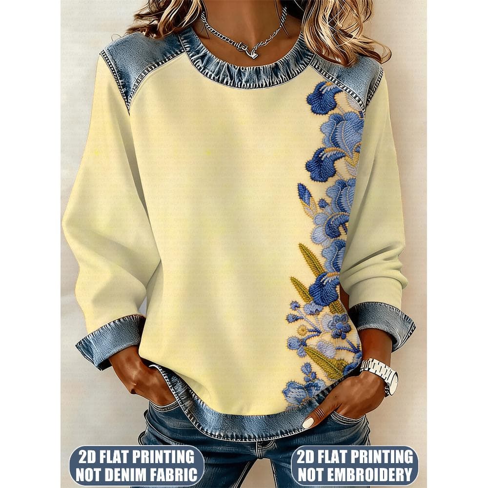 2D Flat Printing Not Denim Fabri Not Embroidery Floral Print Women's Sweatshirt, Spring/Autumn Casual Wear, Hawaiian Party Outfit Women's Long-Sleeved Pullover Western Style Women's Top Elegant Women's Clothing - Machine Washable Valentine's Day Gift