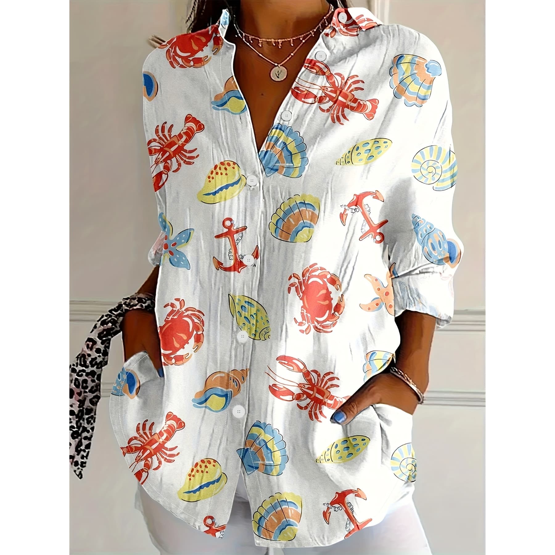 Women'S Retro Lobster and Crab Print Casual Shirt | Classic Lapel Collar Long Sleeve, Bright Animal Pattern, Machine Washable, Non-See-Through Fabric, Suitable for All Seasons, Summer Fashion Ocean Theme, Easy Care Multi-Functional Top