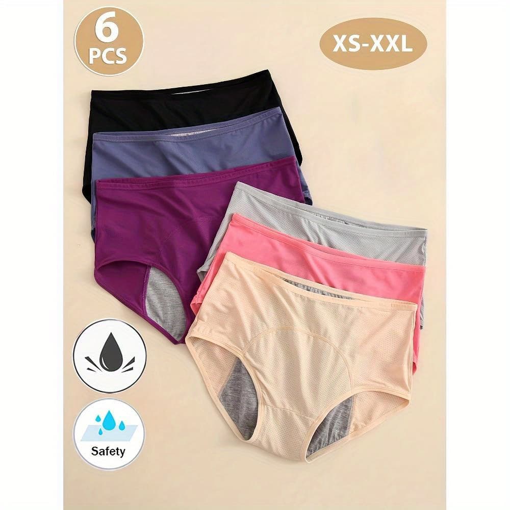 6 Pack Women'S High Waist Period Panties - Leak-Proof Triple Layer Design, Breathable Mesh and Secure Wet Zone, Tummy Control Elegant Panties Fit XS-XXL (6 Colors), Solid Color Underwear | Leak-Proof Construction, High Waist Panties